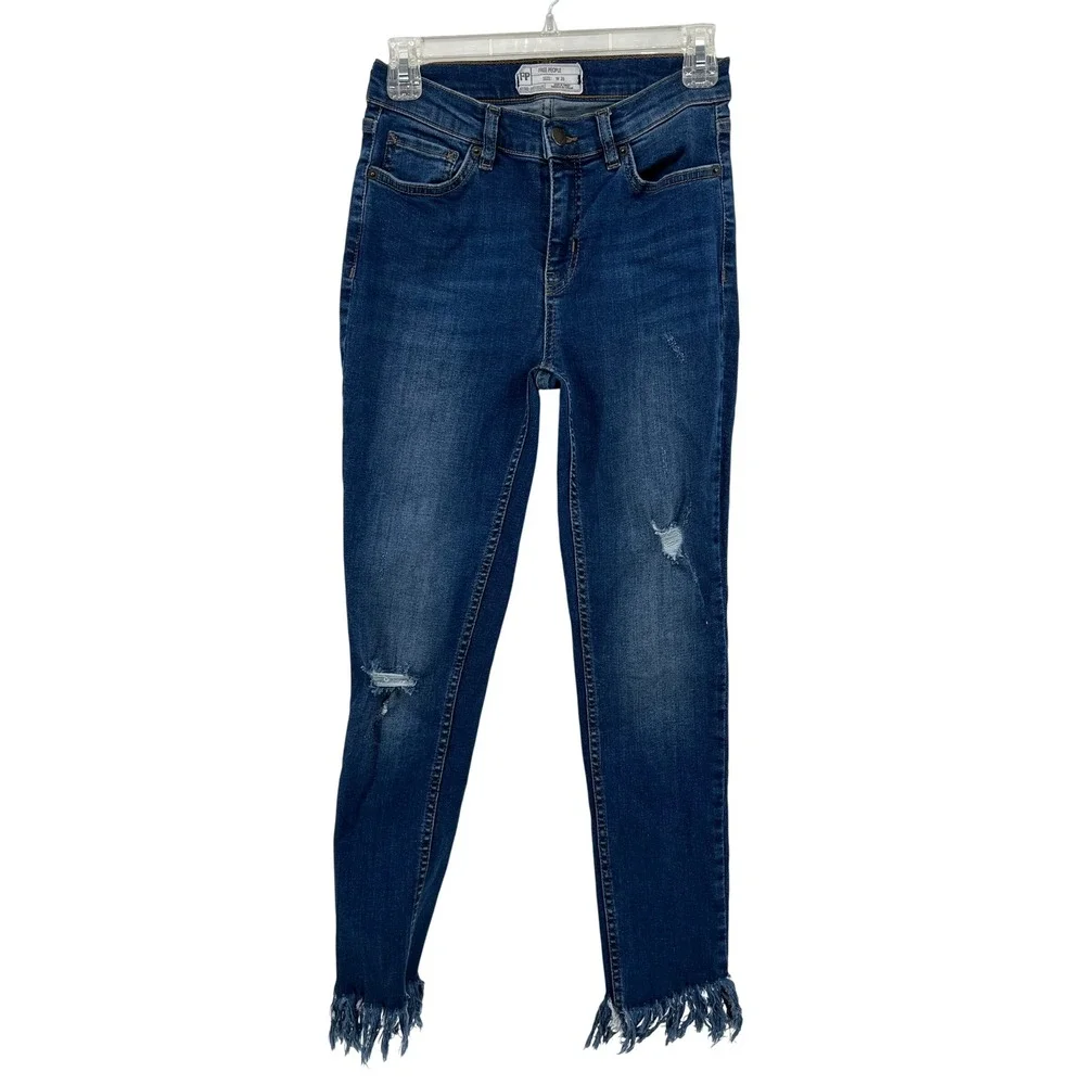Free People Women Distressed Frayed Fringe Hem Skinny Jeans Dark Wash Blue W26‎